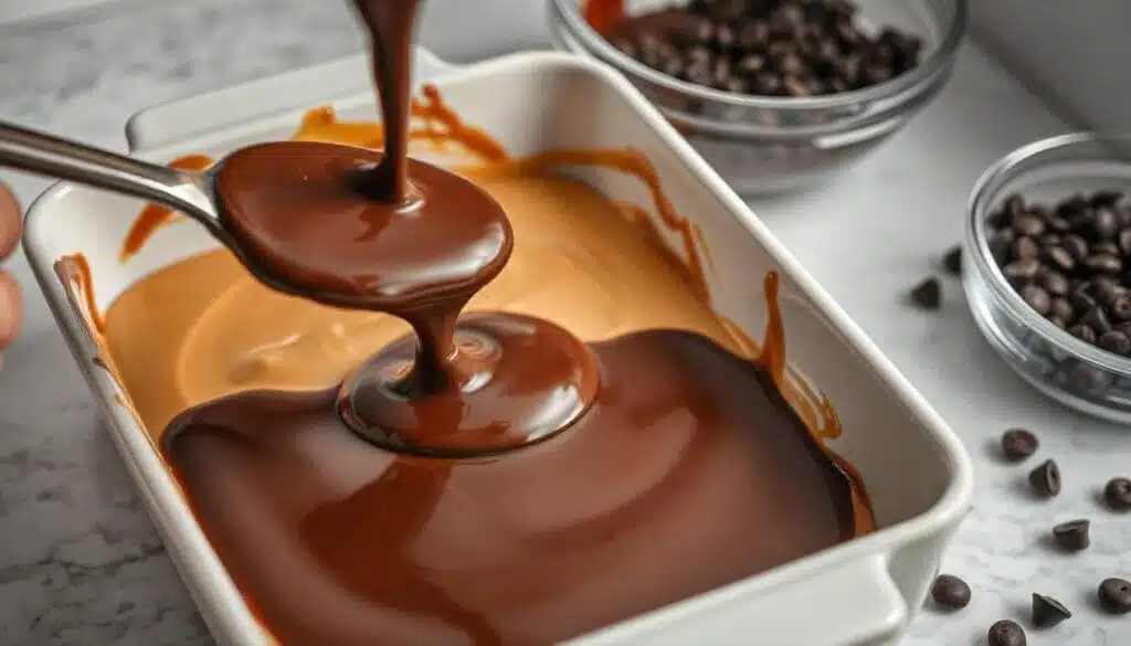 Melted chocolate being poured and smoothed over a peanut butter base for Buckeye Bars in a baking dish.