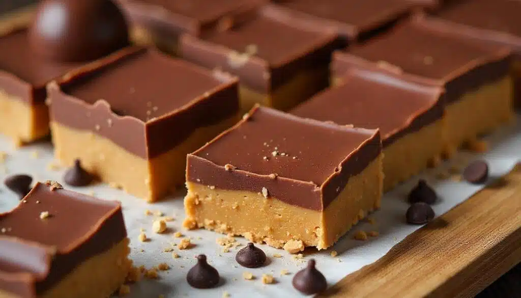 Close-up view of Buckeye Bars with peanut butter base and glossy chocolate topping on a white plate.