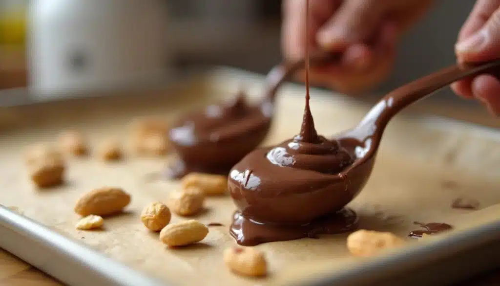 Layering peanuts, chocolate chips, and almond bark in a crockpot for candy making