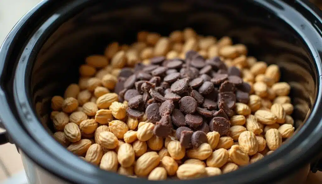 Layering peanuts, chocolate chips, and almond bark in a crockpot for candy making