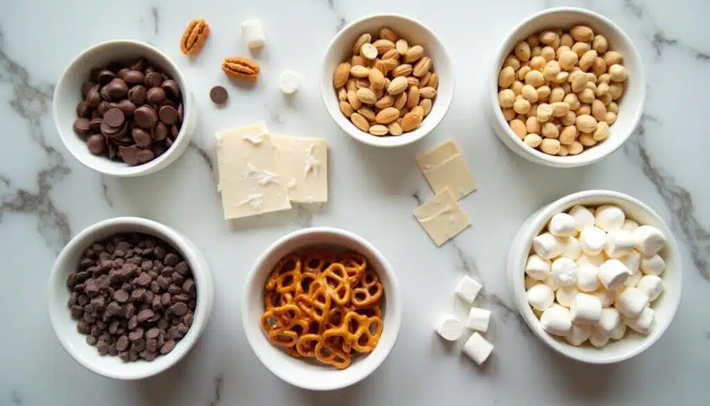 Ingredients for crockpot candy, including chocolate chips, almond bark, and peanuts, displayed on a marble counter