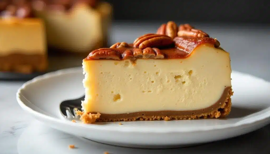 A slice of pecan pie cheesecake with distinct layers on a dessert plate.