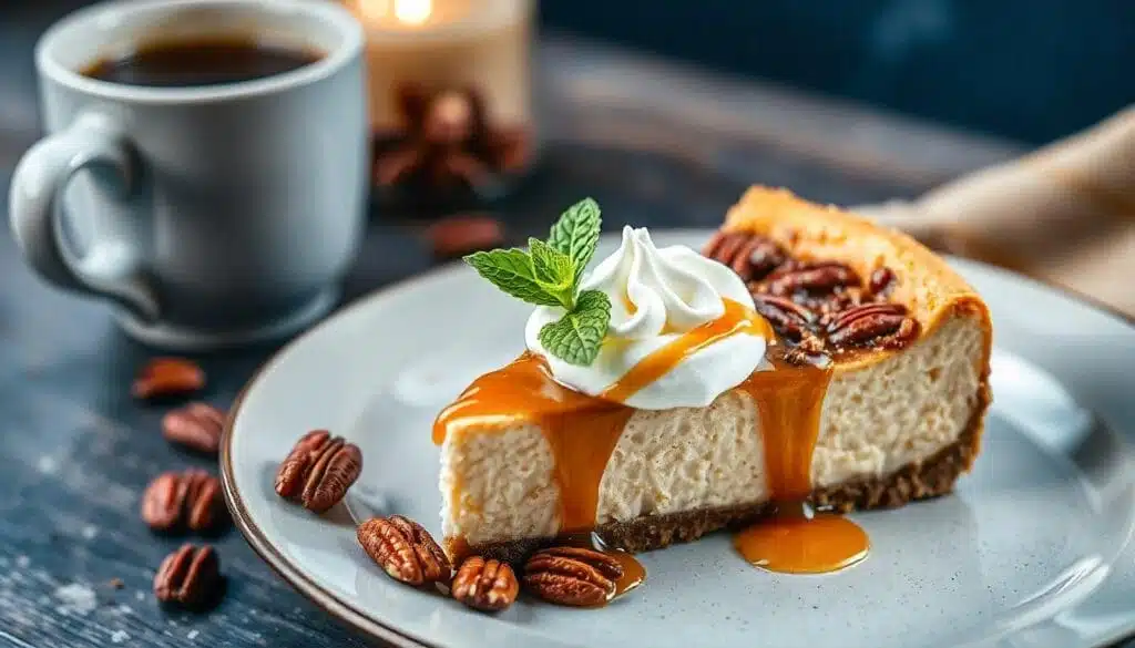 Pecan pie cheesecake slice with whipped cream and caramel drizzle garnished with mint
