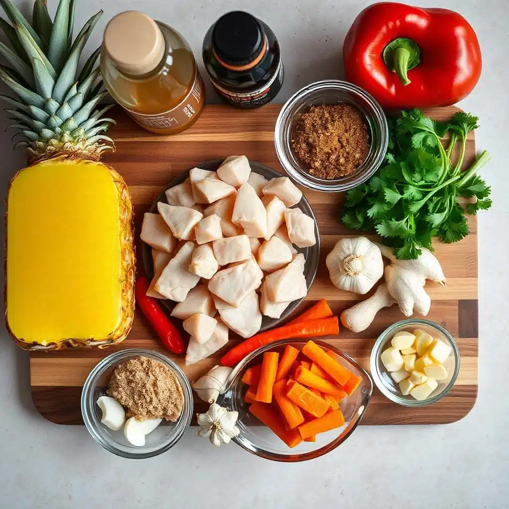 Ingredients for Sweet Hawaiian Crockpot Chicken, including pineapple juice, soy sauce, diced chicken, and vegetables.