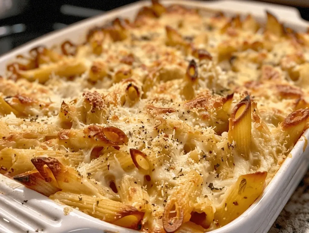 Creamy Garlic Parmesan Chicken Pasta Bake fresh from the oven