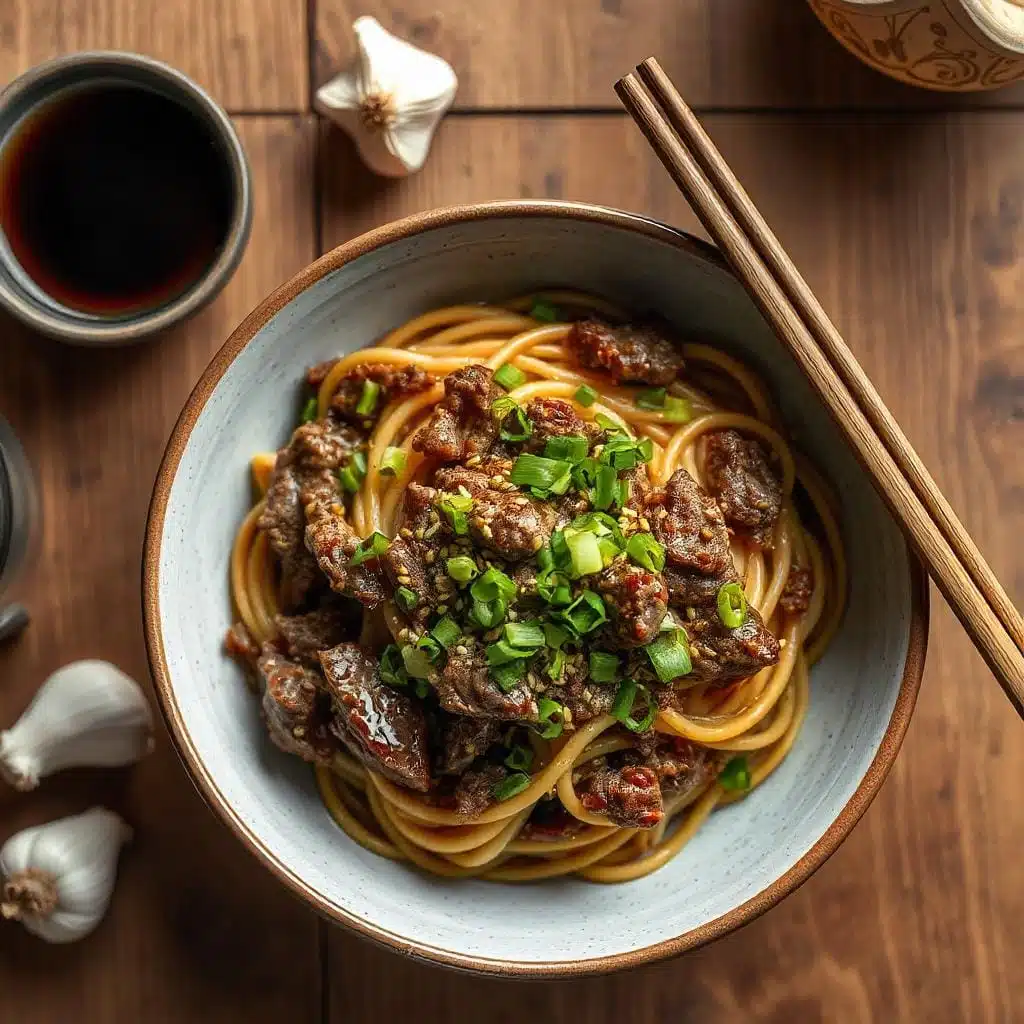 A bowl of Mongolian Ground Beef Noodles garnished with sesame seeds and green onions on a rustic wooden table.
