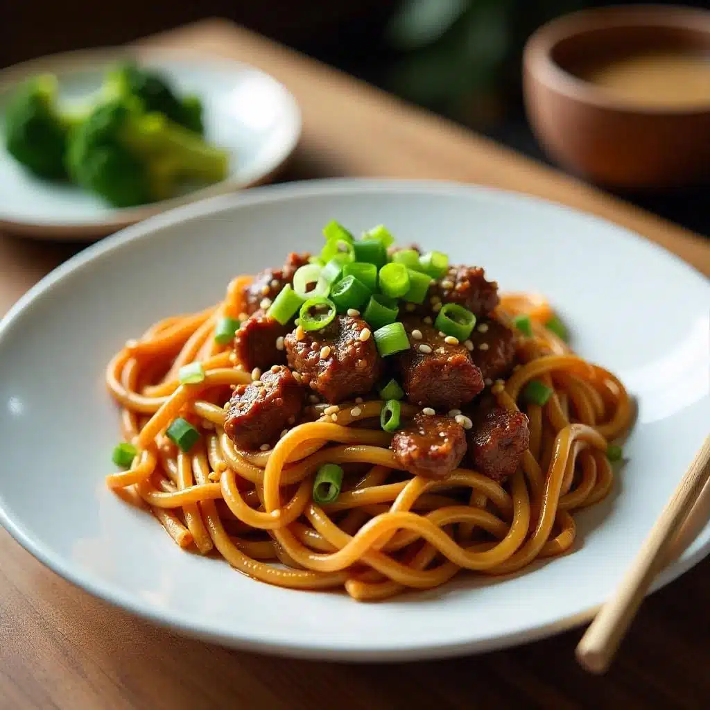 Mongolian Ground Beef Noodles plated with sesame seeds, green onions, and a side of steamed broccoli.