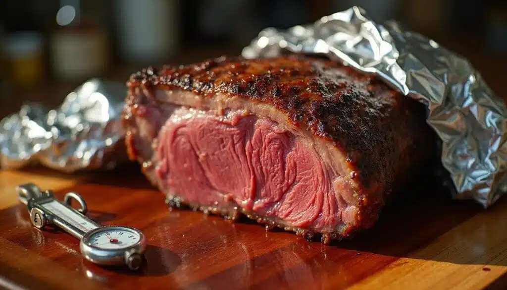 Resting a cooked prime rib roast on a cutting board under foil