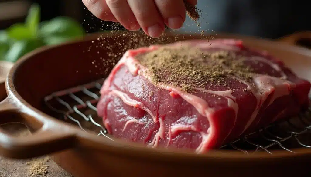 Seasoning a raw prime rib roast in a roasting pan.