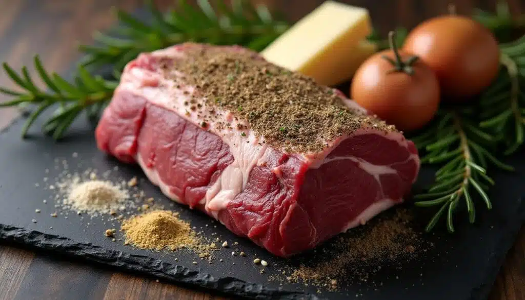 Key ingredients for the No Peek Prime Rib recipe laid out neatly.