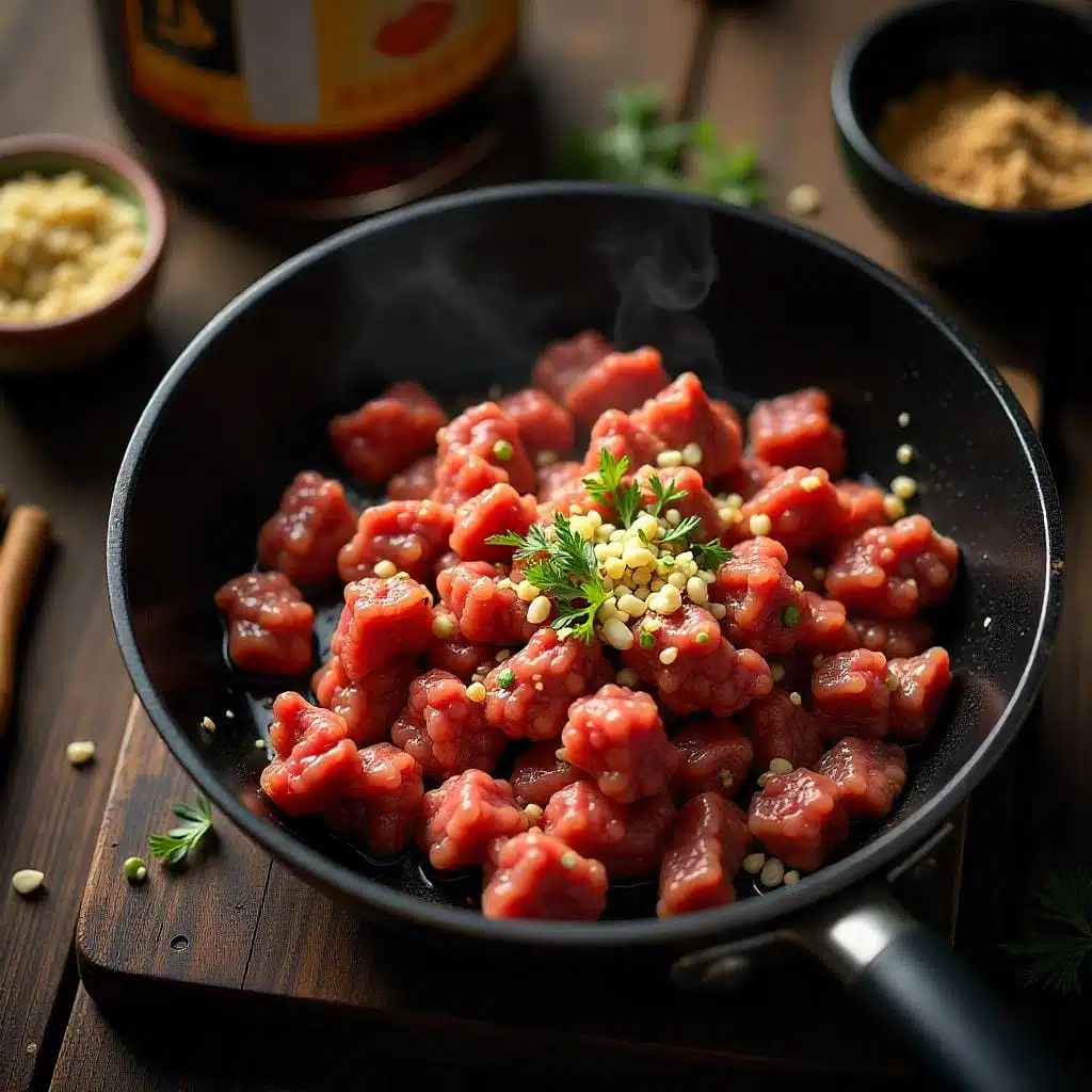 Ground beef being browned in a skillet with minced garlic and ginger, stirred with a wooden spoon.