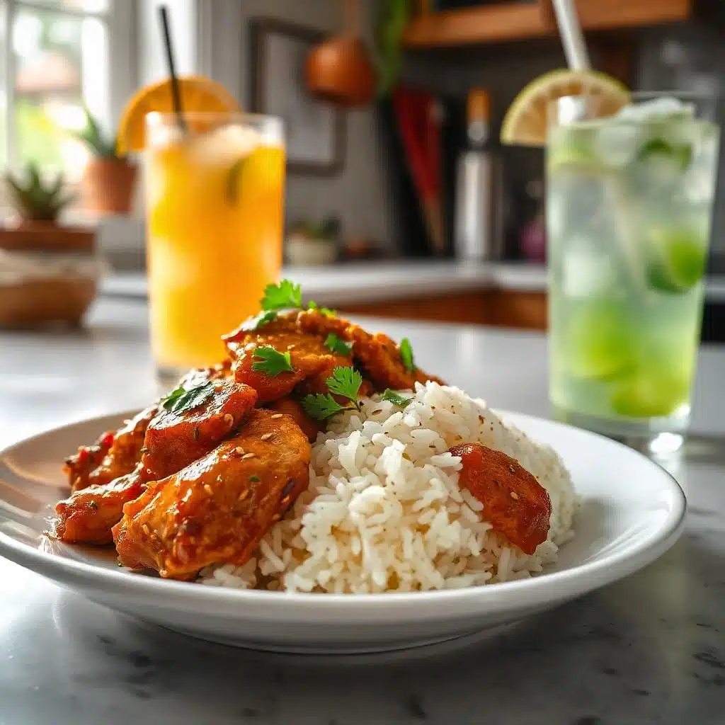 Sweet Hawaiian Crockpot Chicken served with jasmine rice, garnished with sesame seeds and cilantro.