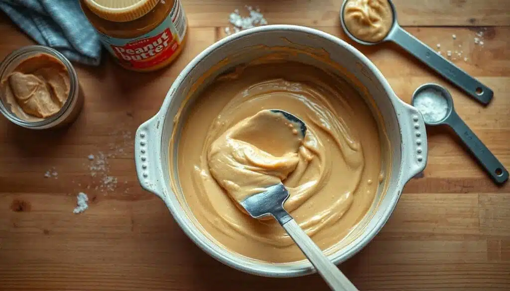 Creamy peanut butter mixture being smoothed in a baking dish with a spatula, surrounded by baking tools.