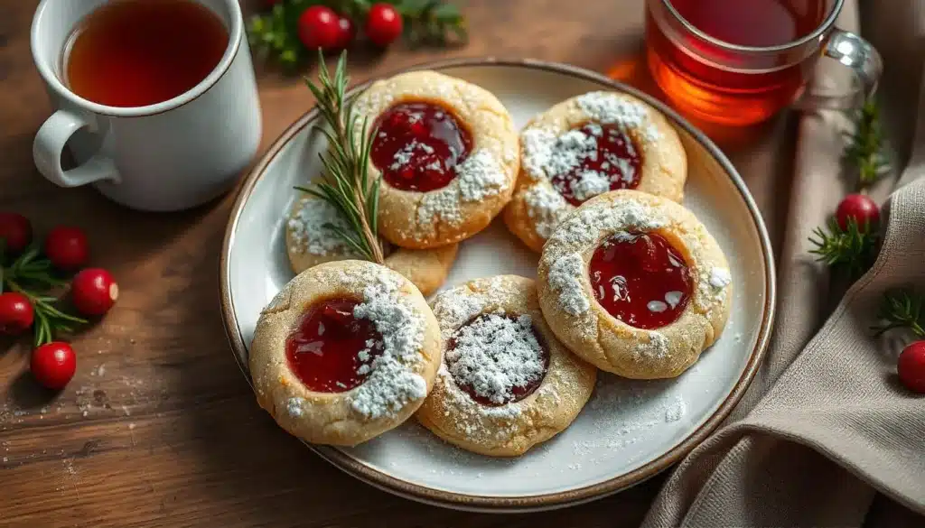 A festive plate of Raspberry Almond Thumbprint Cookies dusted with powdered sugar, surrounded by holiday decor