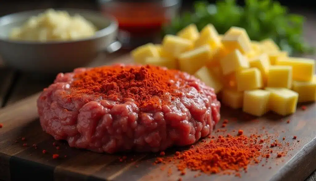 Ingredients for Rotel Dip laid out on a wooden surface.