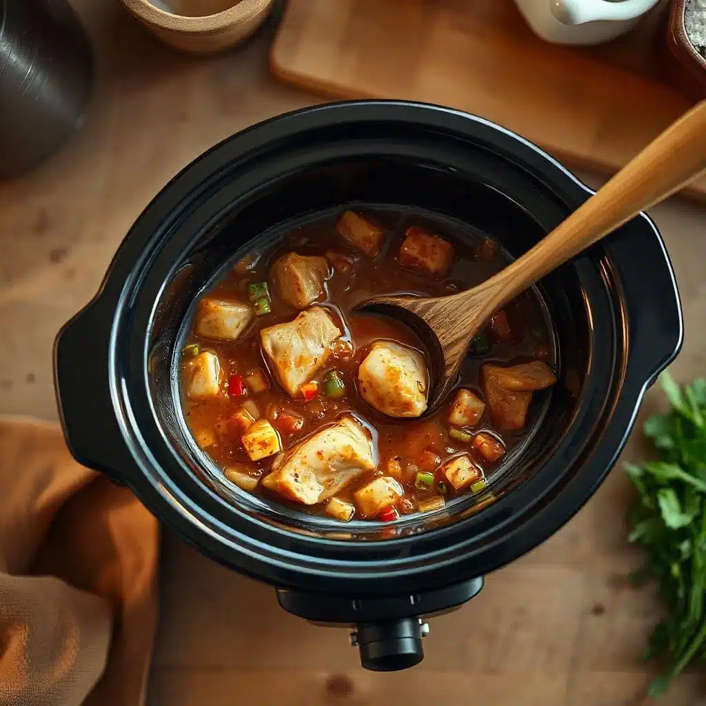 Sweet Hawaiian Crockpot Chicken cooking in a slow cooker with bubbling sauce and vegetables.