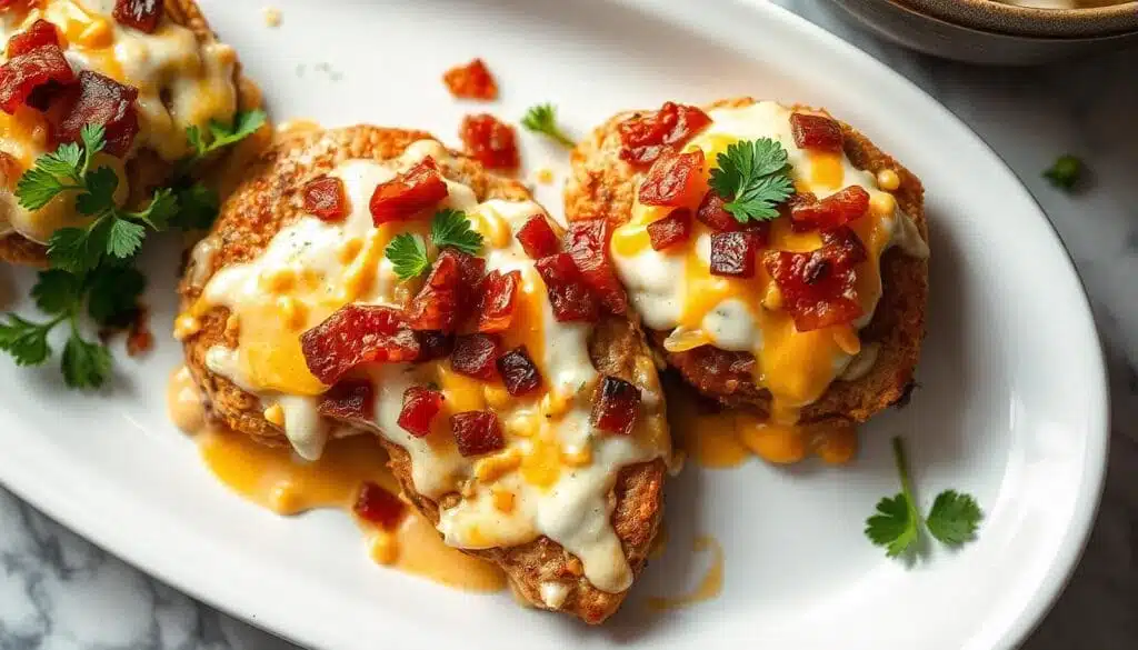 Baked crack chicken recipe served with creamy topping, cheddar cheese, and crispy bacon on a white plate.