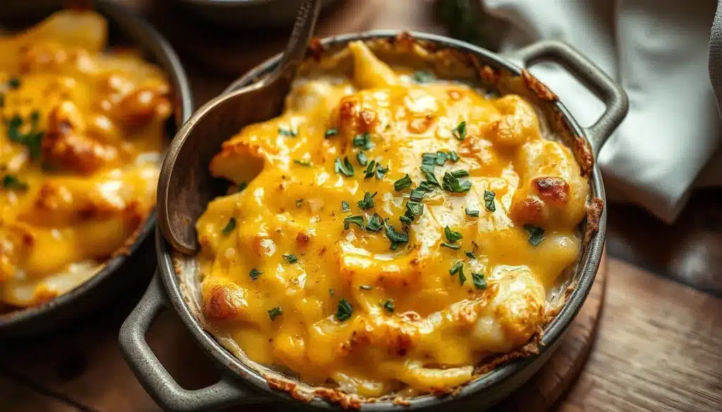 A close-up shot of a cheesy potato casserole with melted cheddar cheese and a golden, crispy top served in a round dish