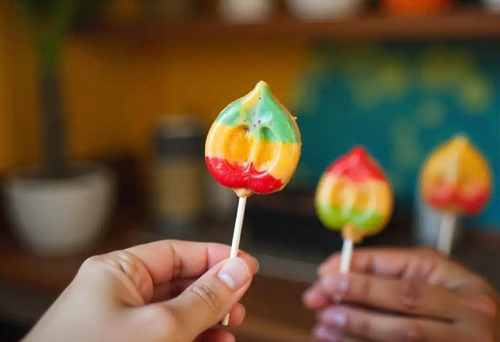 Person holding a Mexican lollipop with a smile and vibrant background