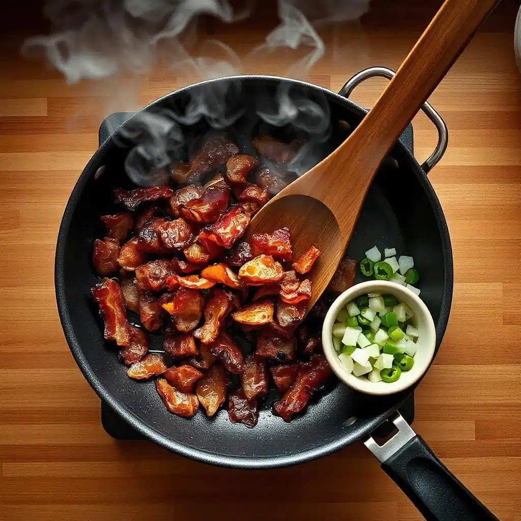 Crack Chicken Chili on Stove Crispy bacon cooking in a skillet