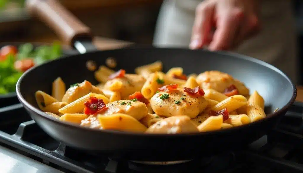 Cooking chicken and bacon for Crack Chicken Penne in a skillet.