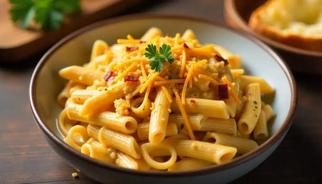 Final plate of Crack Chicken Penne garnished with parsley and cheddar cheese.