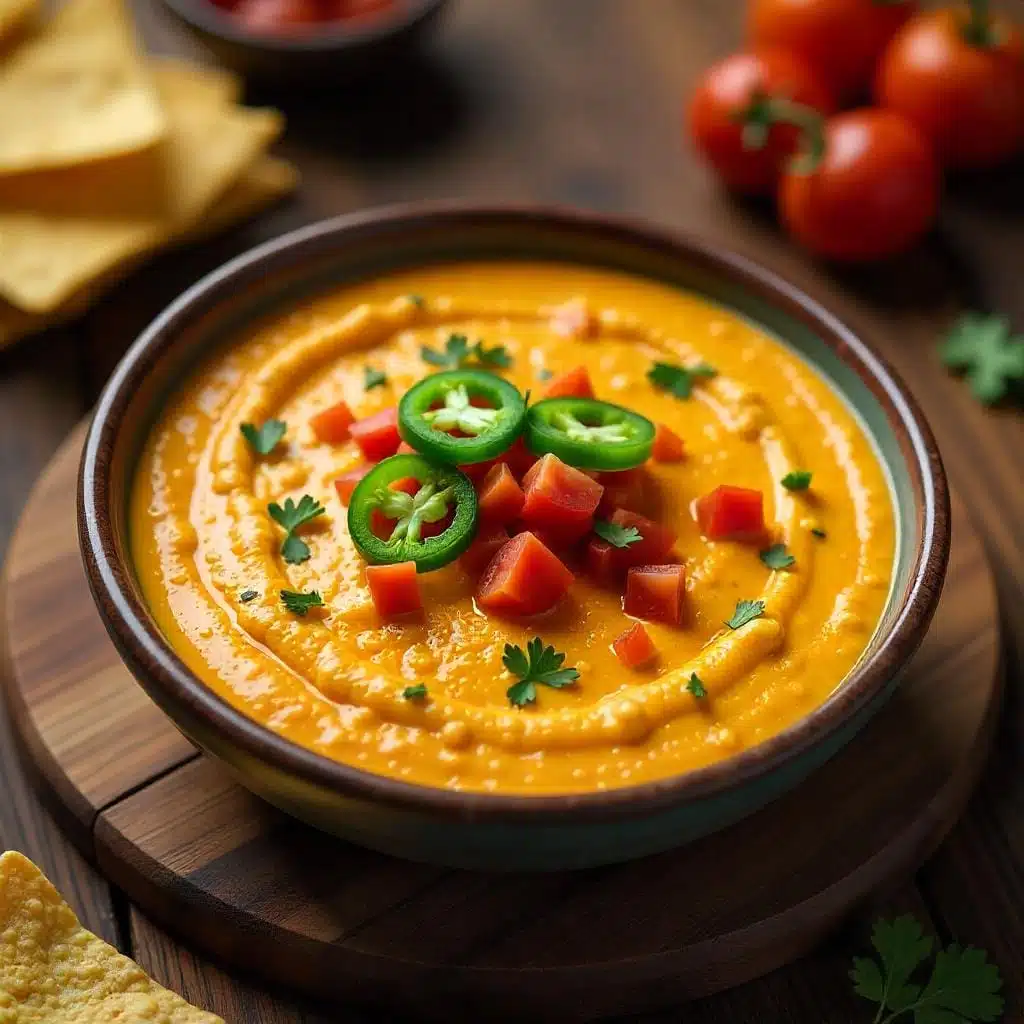 close-up of creamy Rotel dip garnished with diced tomatoes, jalapeños, and cilantro, served with tortilla chips.