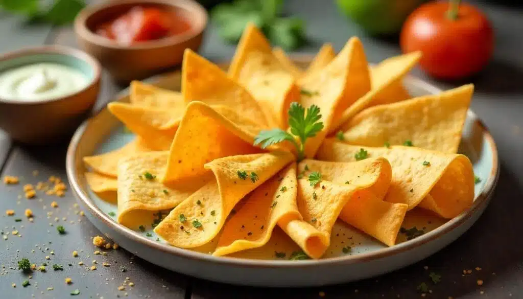 Various tortilla strips with different seasonings, served with dips like sour cream and guacamole.