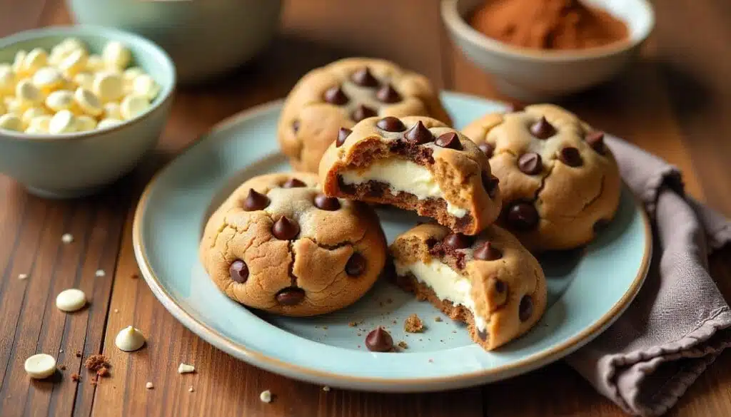 A plate of cheesecake-stuffed chocolate chip cookies with bowls of white chocolate chips, nuts, and cocoa powder.
