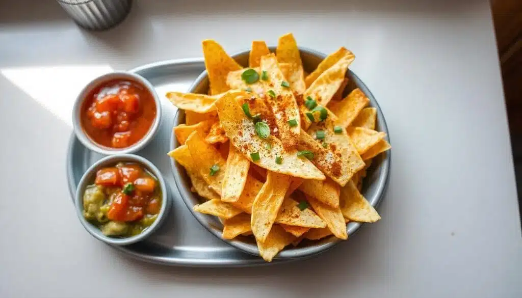 Fresh, crispy tortilla strips served with salsa and guacamole on a wooden platter.