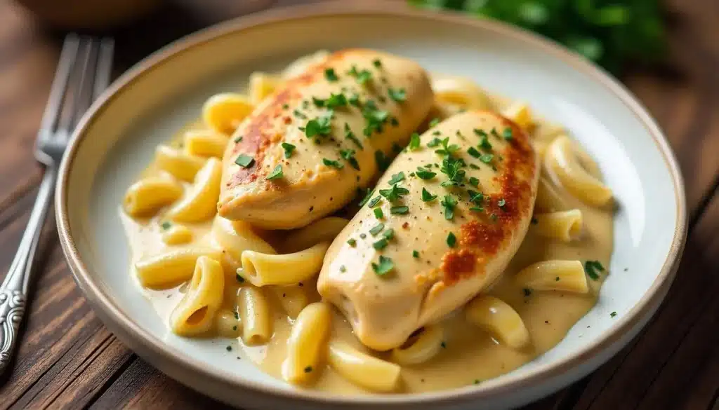 Crockpot Angel Chicken served over pasta with a creamy, rich sauce