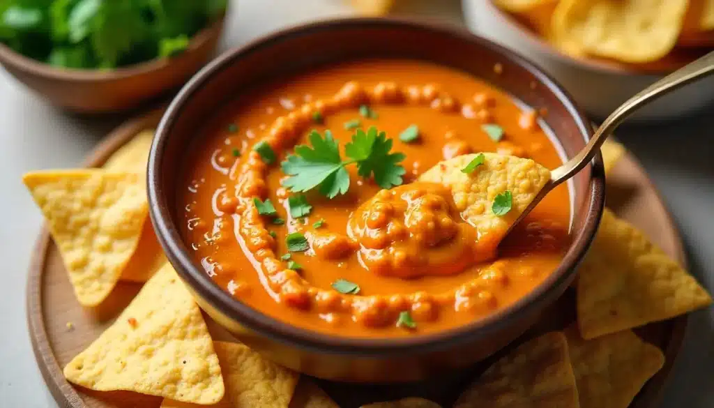 Meatless Rotel dip served in a rustic bowl with tortilla chips and cilantro garnishes.