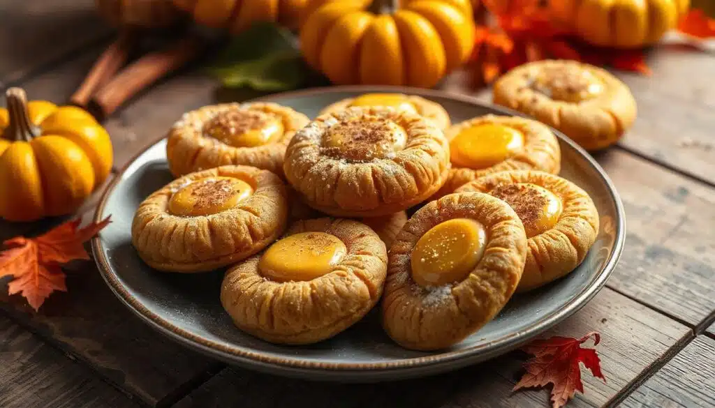Pumpkin pie cookies with whipped cream served on a decorative autumn platter.