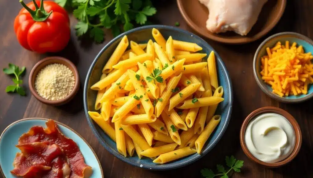 Ingredients for Crack Chicken Penne including chicken, bacon, ranch seasoning, and cheddar.