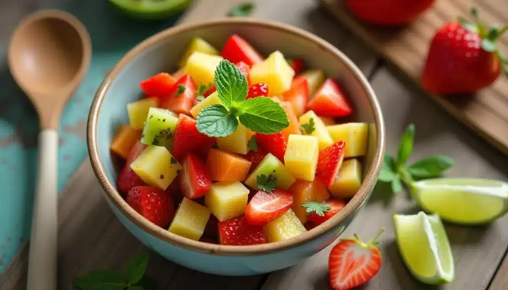 Fruit salsa with frozen strawberries, kiwi, pineapple, and apple chunks in a rustic bowl, garnished with fresh mint and lime wedges.