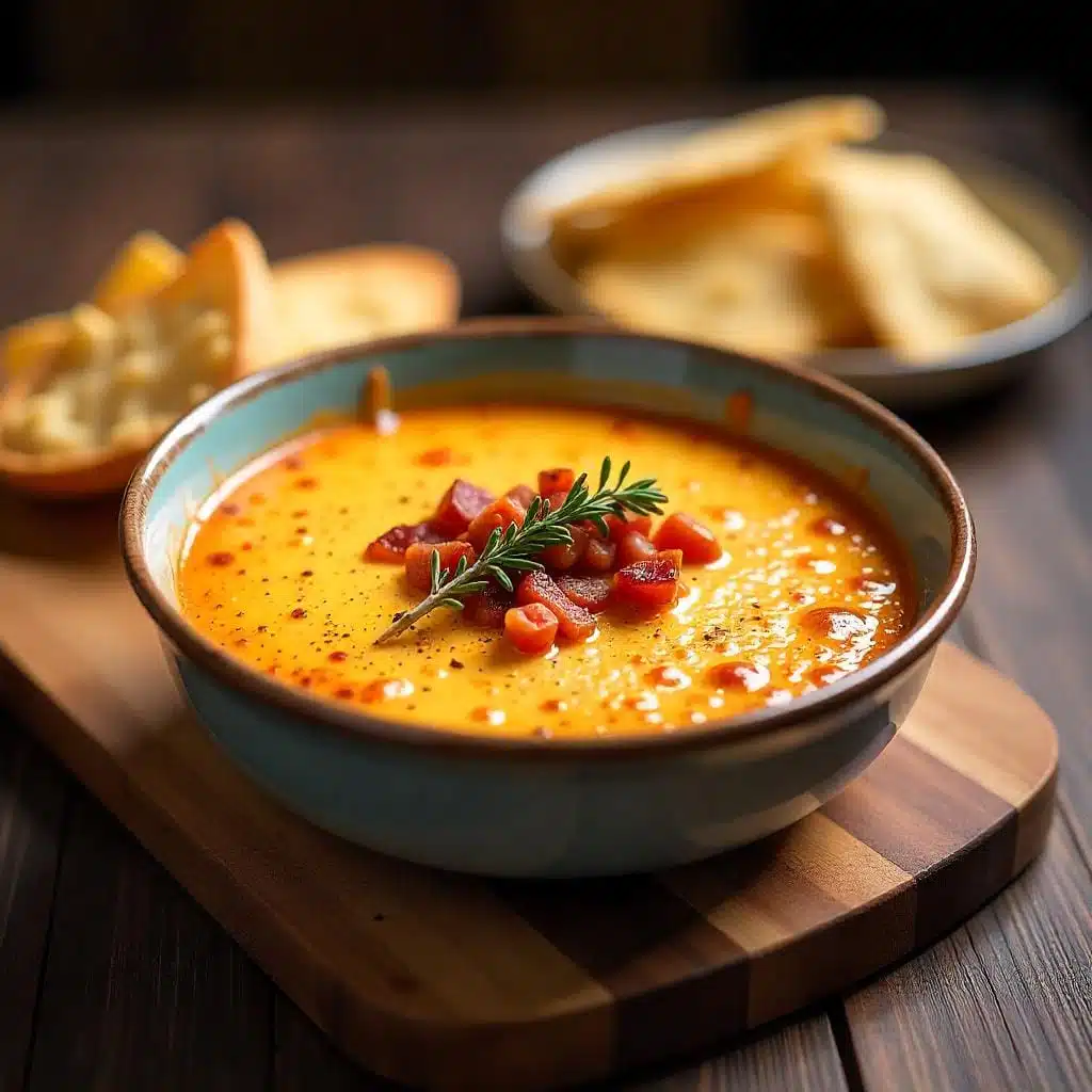 A bowl of gourmet Rotel dip with Gruyère cheese, garnished with thyme and bacon, served with crostini and chips.