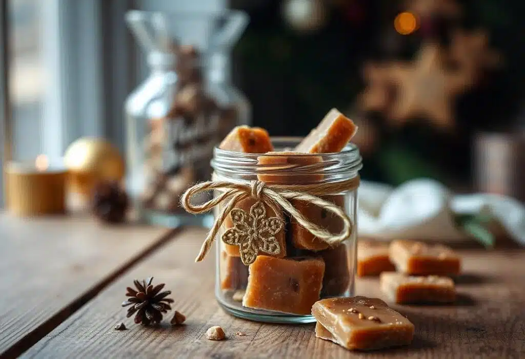 Homemade Toffee Candy Recipe packaged in a decorative jar with a ribbon
