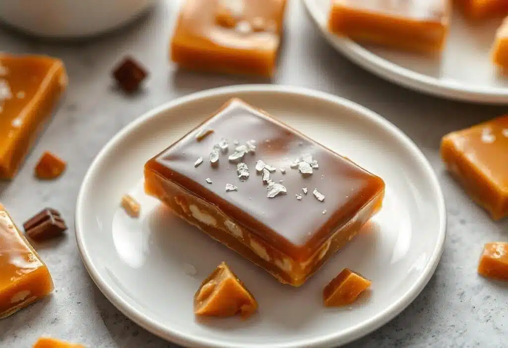 Homemade Toffee Candy Recipe with chocolate and sea salt, arranged on a white plate