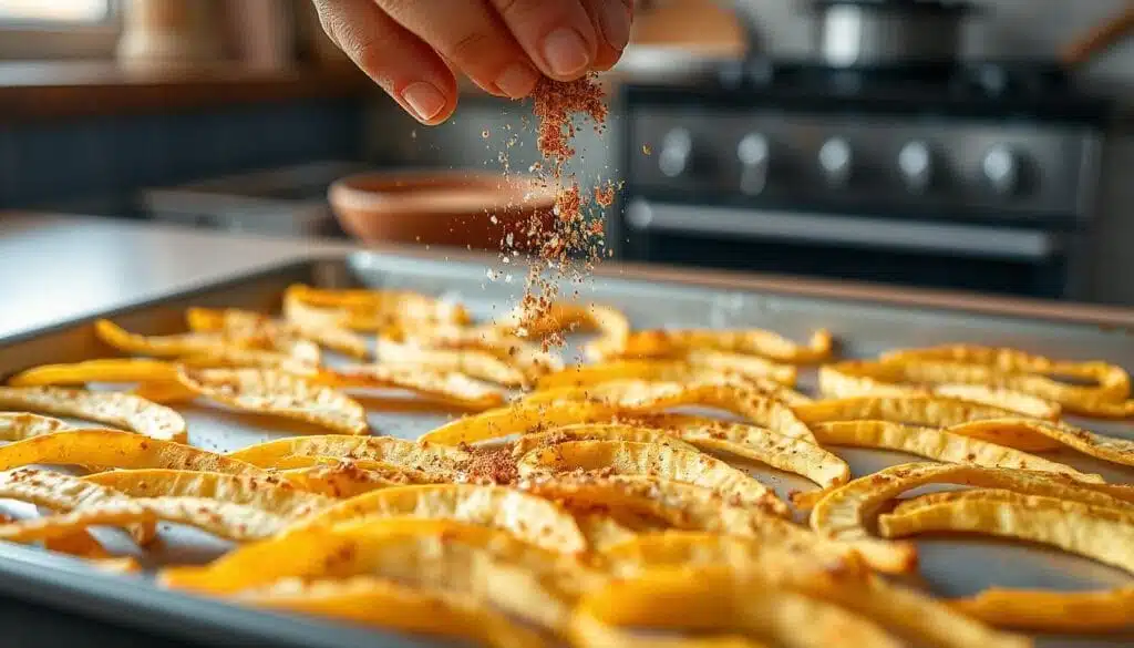 Hand sprinkling seasoning over freshly baked tortilla strips on a baking sheet.