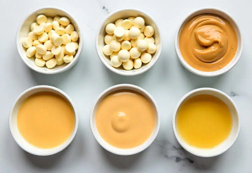Ingredients for 3 ingredient peanut butter fudge on a marble counter