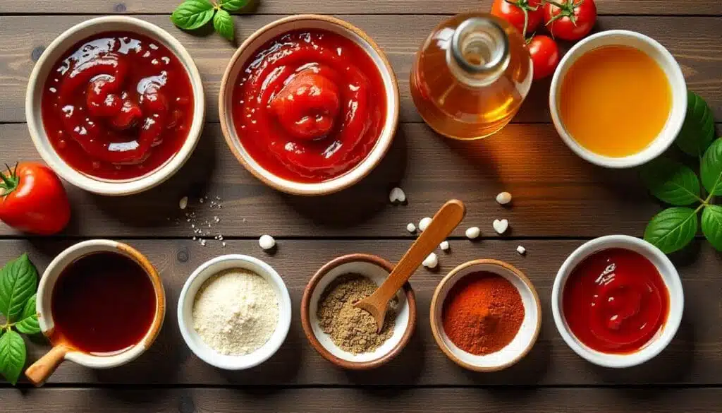 Ingredients for barbecue sauce from jelly, including grape jelly, ketchup, vinegar, mustard, and spices arranged on a wooden countertop.