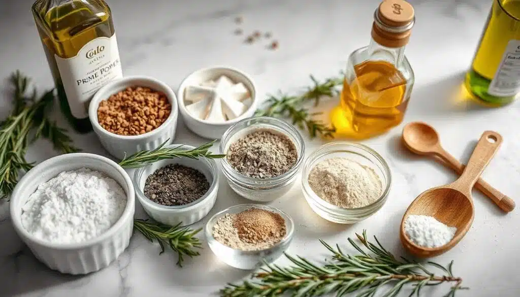 Fresh ingredients for prime rib seasoning, including kosher salt, black pepper, garlic powder, onion powder, rosemary, thyme, and olive oil arranged on a kitchen counter.