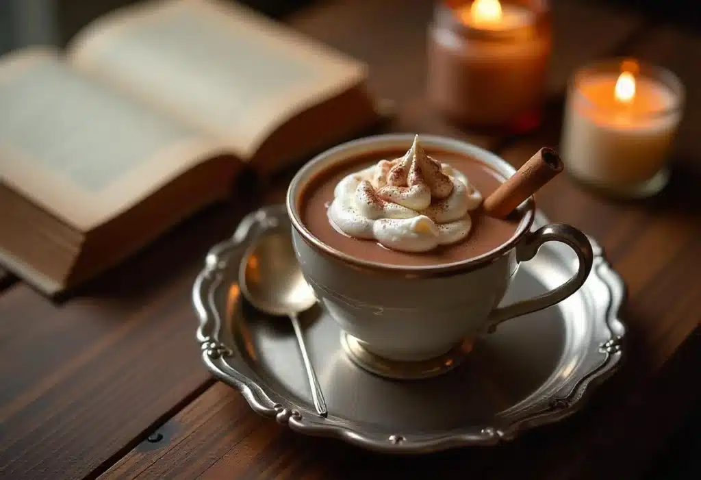 A luxurious cup of Martha Washington drinking chocolate topped with whipped cream and a cinnamon stick on a vintage tray.