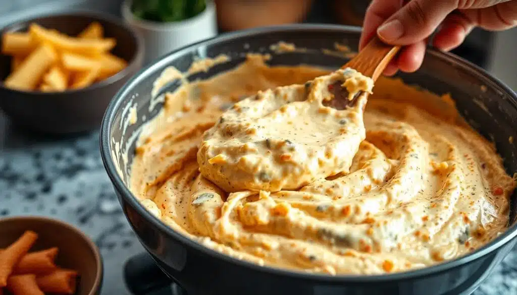 Stirring crack chicken dip in a bowl, blending cheese, chicken, and ranch seasoning for a creamy texture.