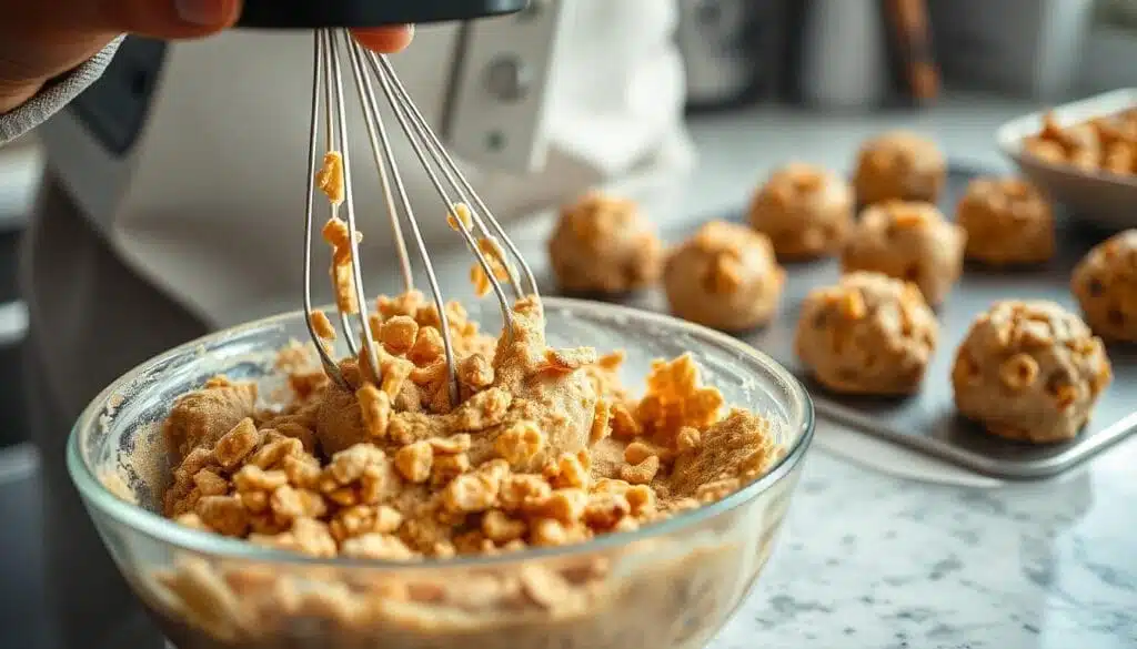 Mixing dough for Cinnamon Toast Crunch Cookies with crushed cereal and preparing dough balls.