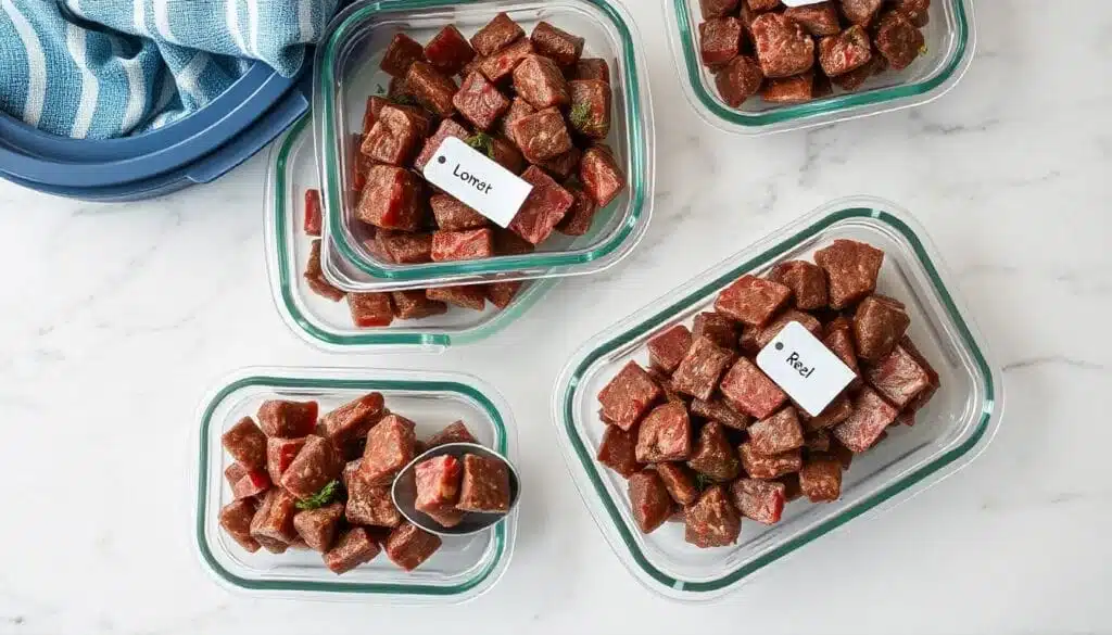 Leftover no-peek beef tips stored in labeled glass containers on a marble countertop.