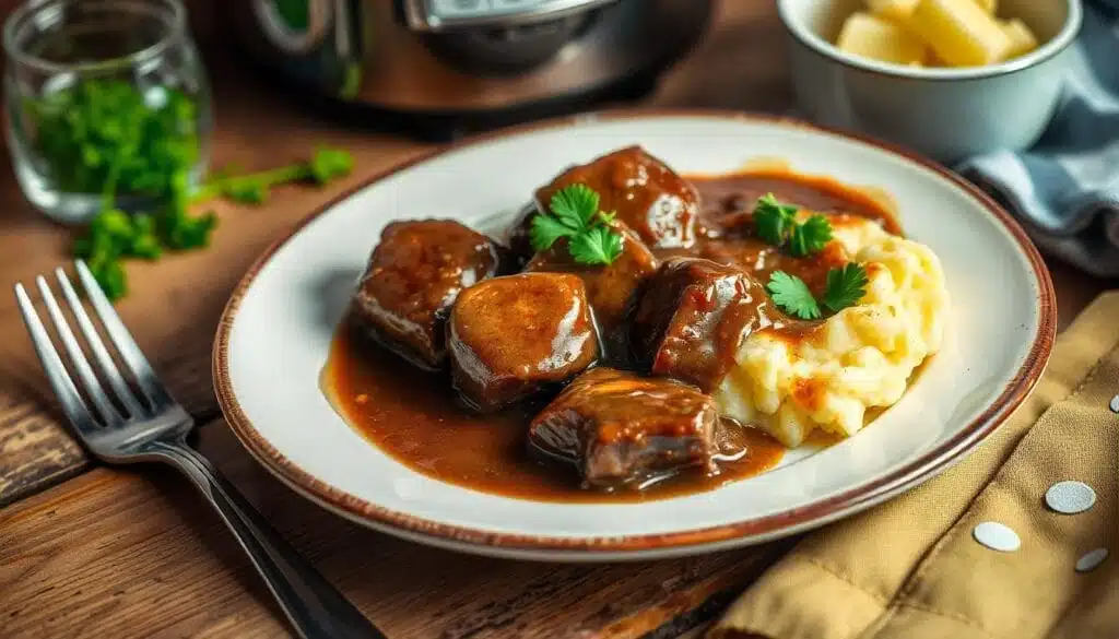No-peek beef tips served with mashed potatoes, coated in rich gravy, garnished with parsley on a rustic wooden table.