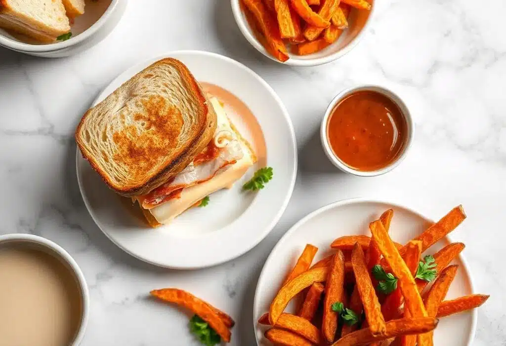 Pepperjack honey ham sandwich served with crispy sweet potato fries and dipping sauce