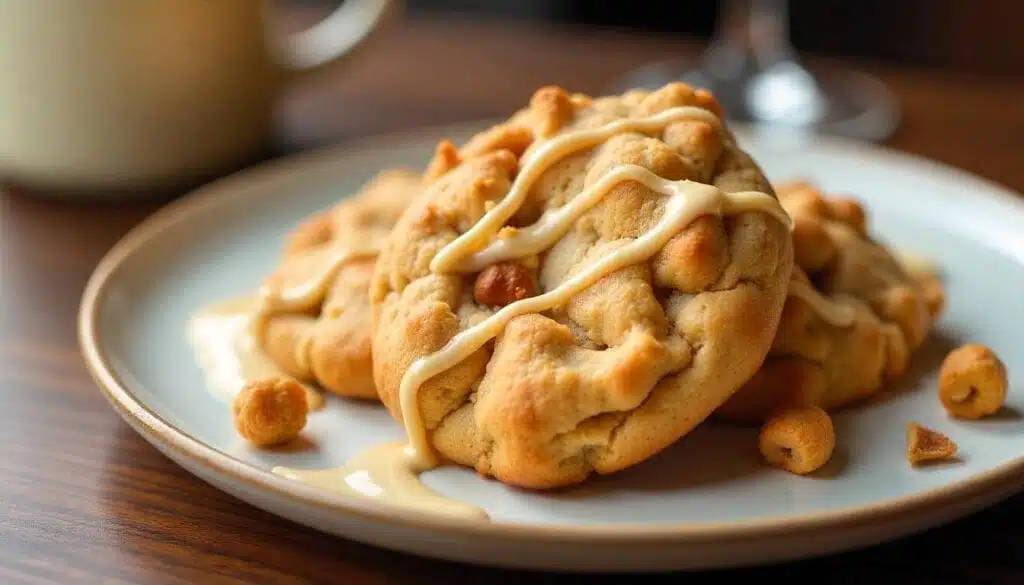 Final plated Cinnamon Toast Crunch Cookies with frosting drizzle and cereal garnish.