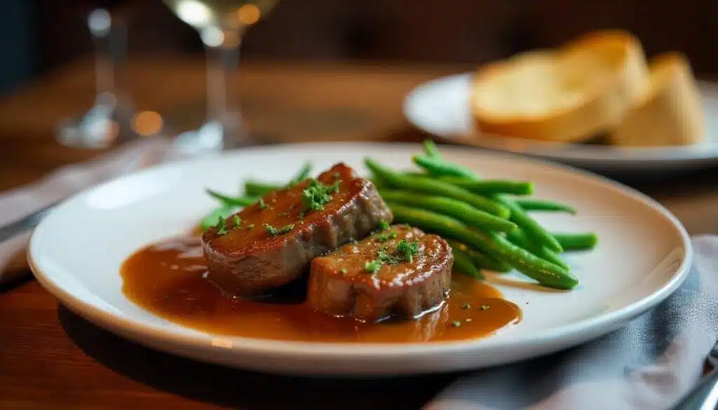 No-peek beef tips served with green beans and garlic bread, presented on a minimalist dinner plate.